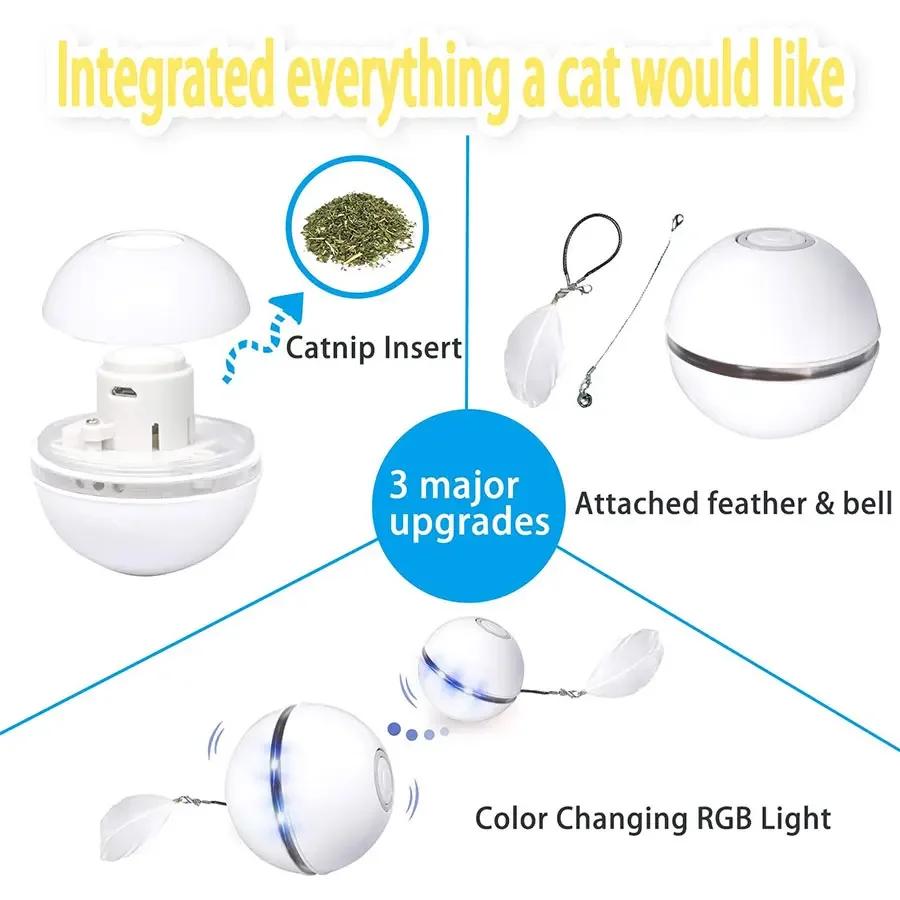 Smart Cat Color LED Feather Bell Toy Ball, Auto Ball Toy, Rotation USB Charging, Pet Accessories