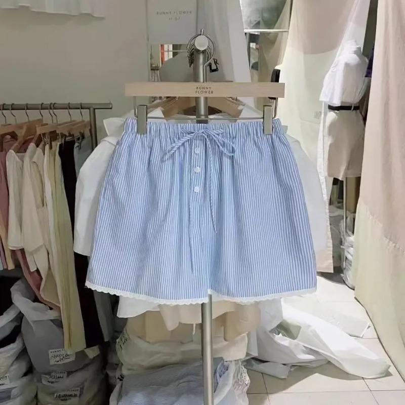 

Summer New Style Striped Lace Elastic Waist Straight Wide Leg Casual Shorts for Women S синій