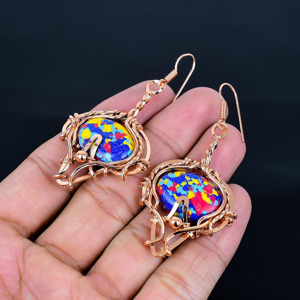 Mosaic Baloon Jasper Earrings Gemstone Jewelry, 999 Copper Wire Wrapped Earrings, Handmade Beautiful Jewelry Earrings