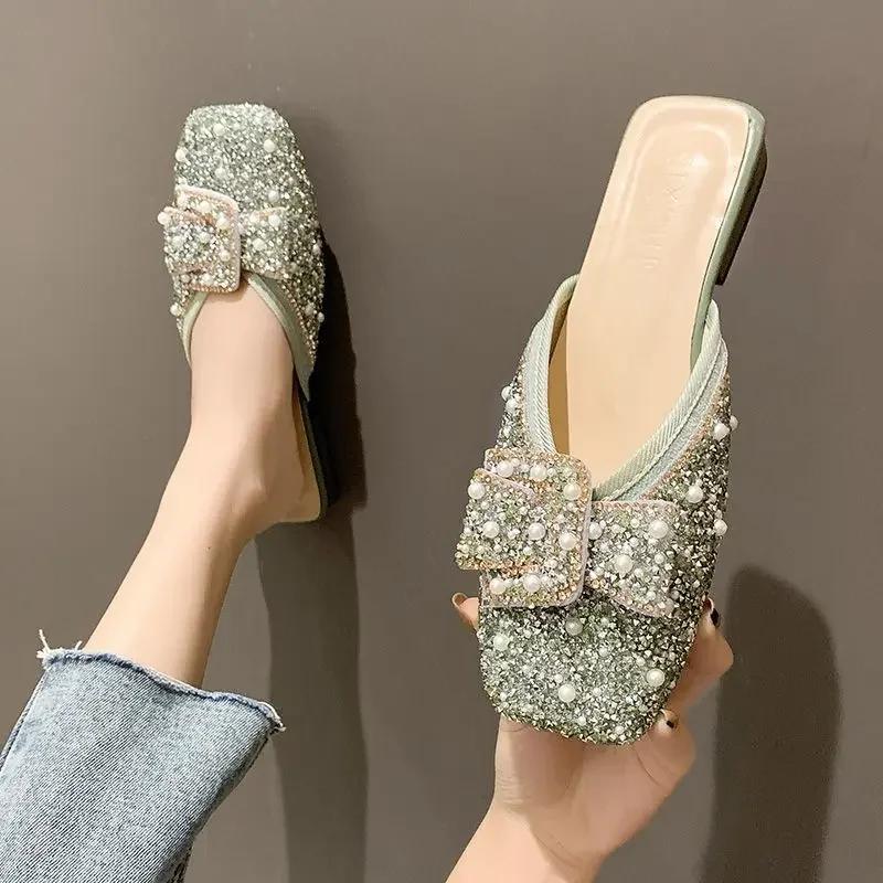 Fashion Glitter Elegant Mules Shoes for Women Sandals Fashion Heeled Rhinestone Sequin Slippers Summer New 2024 Flat Slipper Comfortable