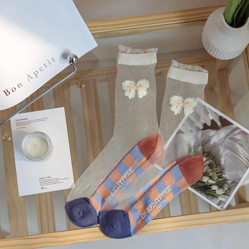 Summer Thin Mesh Stocks for Women Tulip Rose Flower Crystal Glass Silk Socks Korean All-match Light Visible Mid-calf Stocking