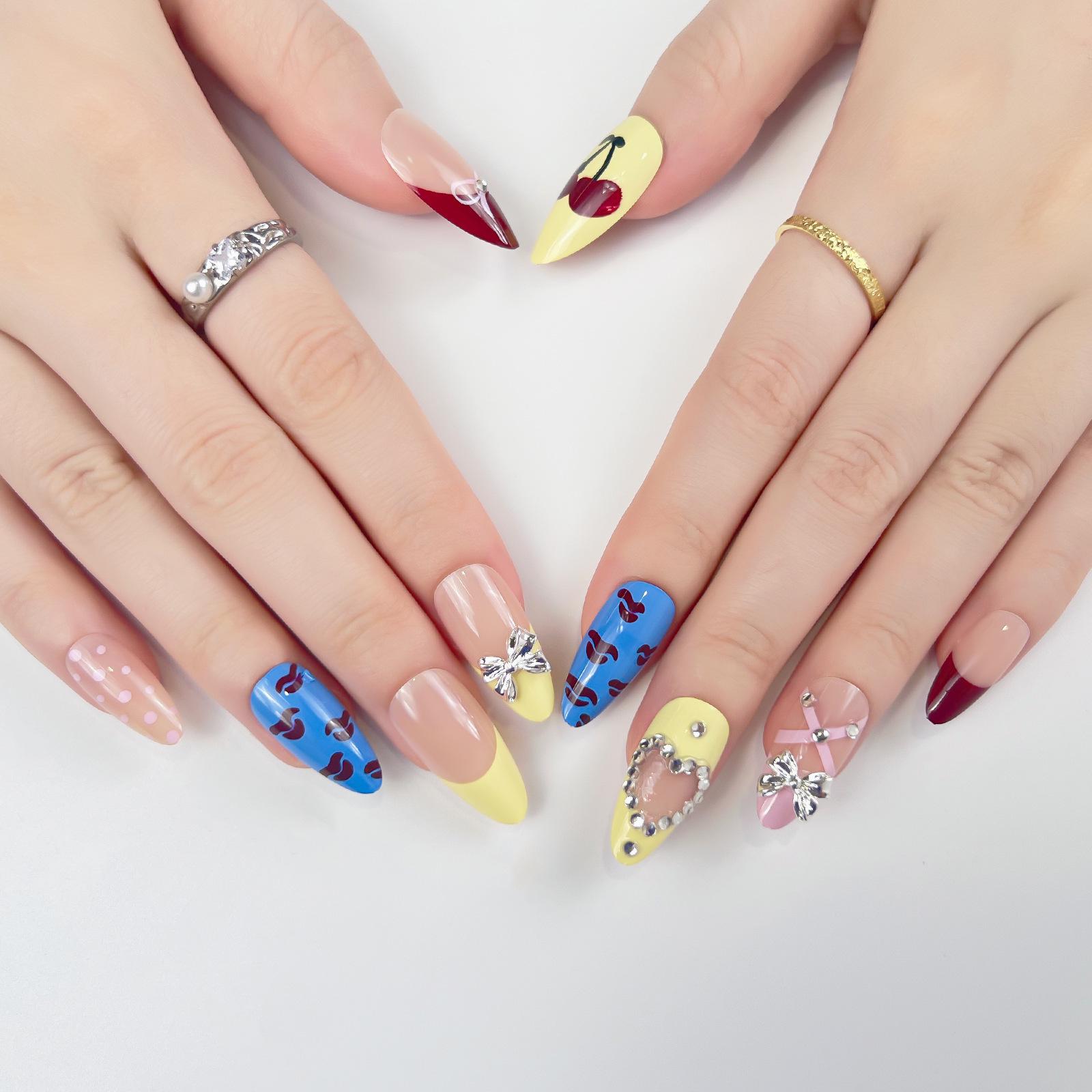 Sweet Almond French Style Press-On Nails with Cherry Bow Art - Brightens Skin, Gentle, and Wearable