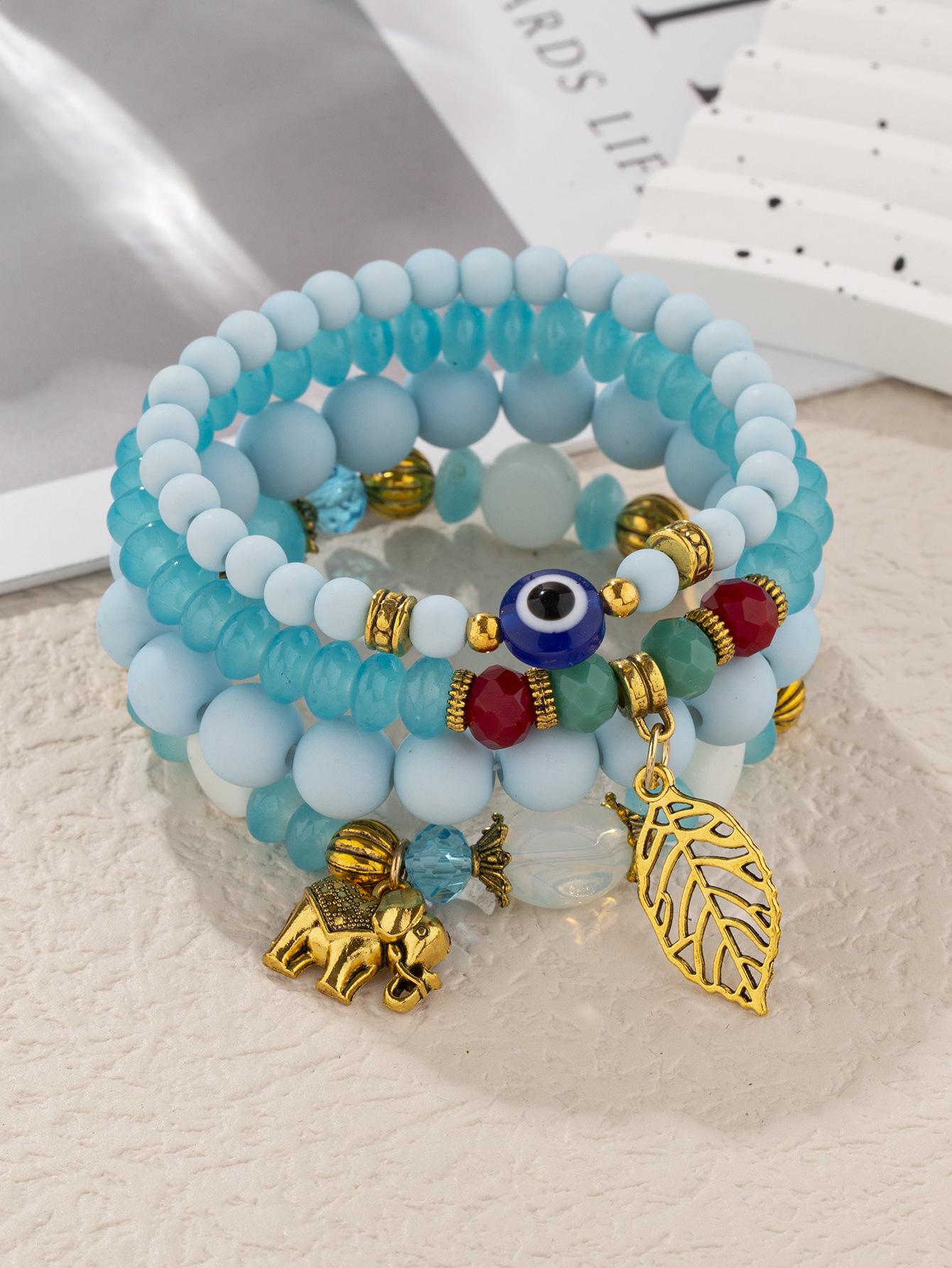 Богемный набор браслетов с бусинами, подвесками в виде листа дерева и слона