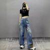 Womens High-Waisted Wide Leg Distressed Denim Jeans With Painted Design Loose Fit Straight Cut