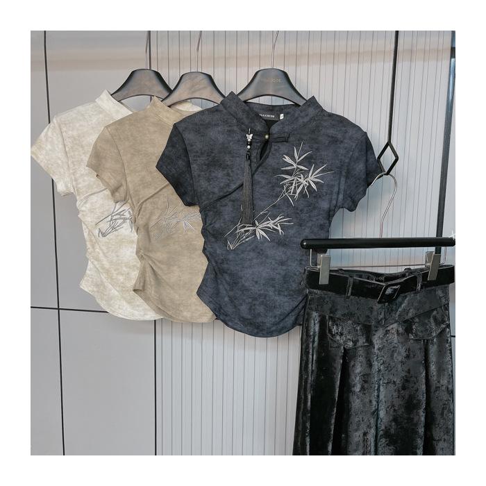 New Chinese style embroidered short-sleeved t-shirt summer new design niche button stand-up collar temperament top S
