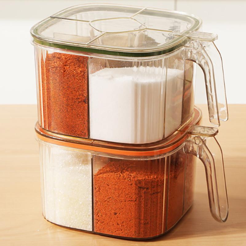 Multi-Grid Salt Seasoning Box With Spoons And Sealed Lid Transparent Spice Jar Chili Powder Sugar Bowl Moisture-Proof Container