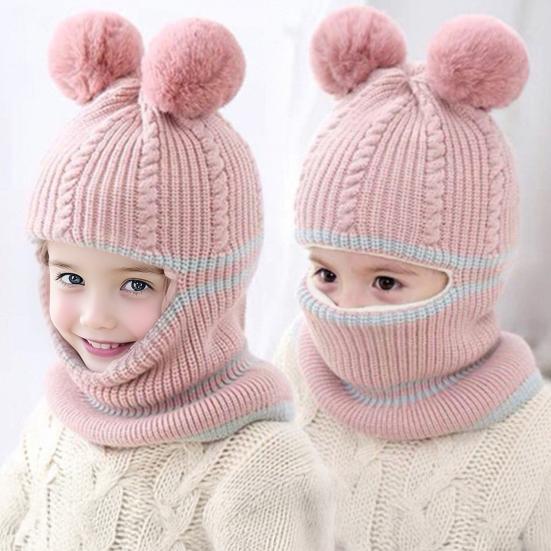 Children Hat Plush Balls Decor Thickened Knitting Hat 3-in-1 Design Hat Scarf Face Guard Headgear Elastic Fit Windproof Hat