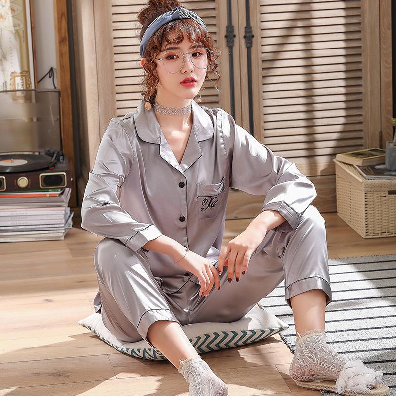 Frühlings-Seidenpyjama-Set im koreanischen Stil: Damenimitatseide & Herren Dünn Langarm Hauskleidung