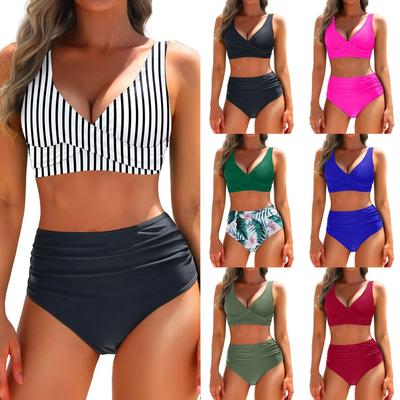 Modischer High-Waist Bikini Badeanzug Separate Farben Bedrucktes Cross-Design Damen Bademode Elegant Chic Poolside Outfit