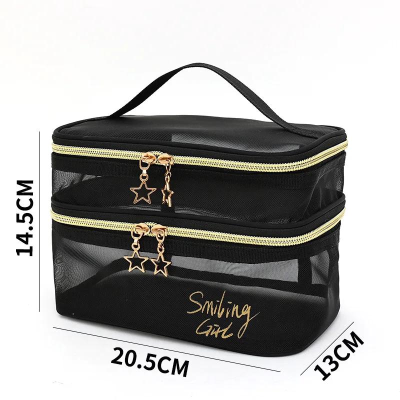 Large-Capacity Black Mesh Makeup Case Organizer Storage Pouch Casual Zipper Toiletry Wash Bags Make Up Women Travel Cosmetic Bag