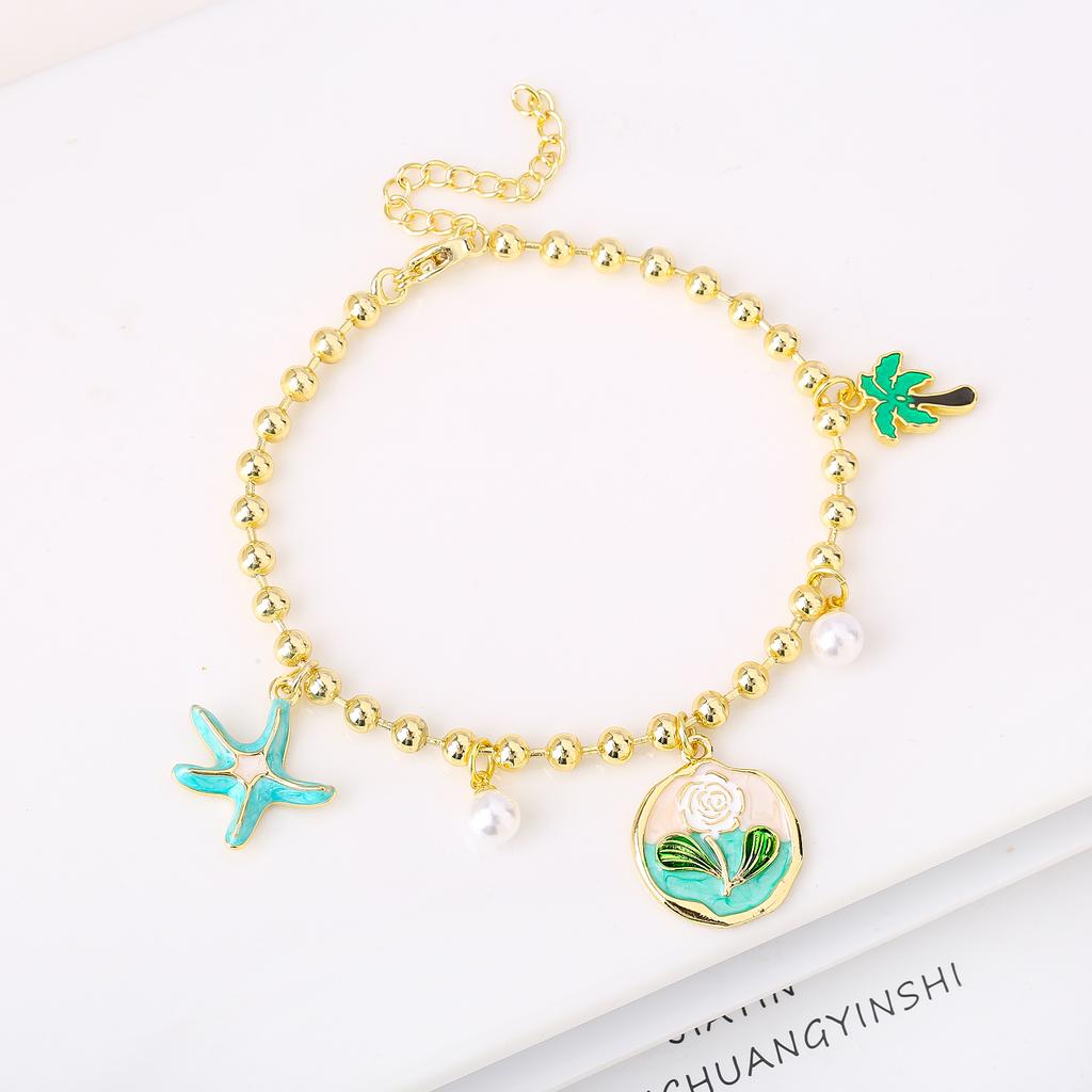Gold-Plated Starfish Coconut Tree Flower Copper Bead Chain Bracelet Fashion for Women Girls Party Vacation Beach Jewelry Gift