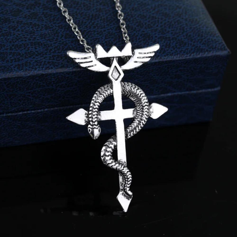 Fullmetal Alchemist Edward Elric Chain Pendant Fashion Dragon Wing with Cross Necklace Punk Style Cross Necklace Accessories