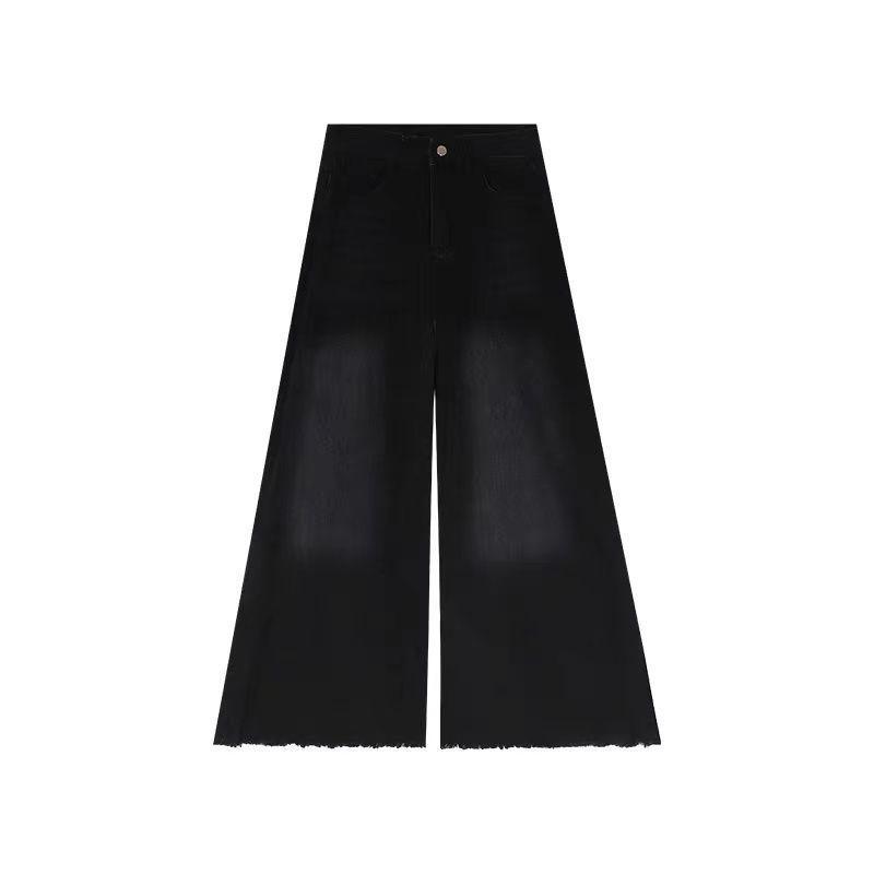 Women's Wide-Leg Frayed Edge Jeans: Autumn/Winter Floor-Length, Slimming Straight-Leg Design