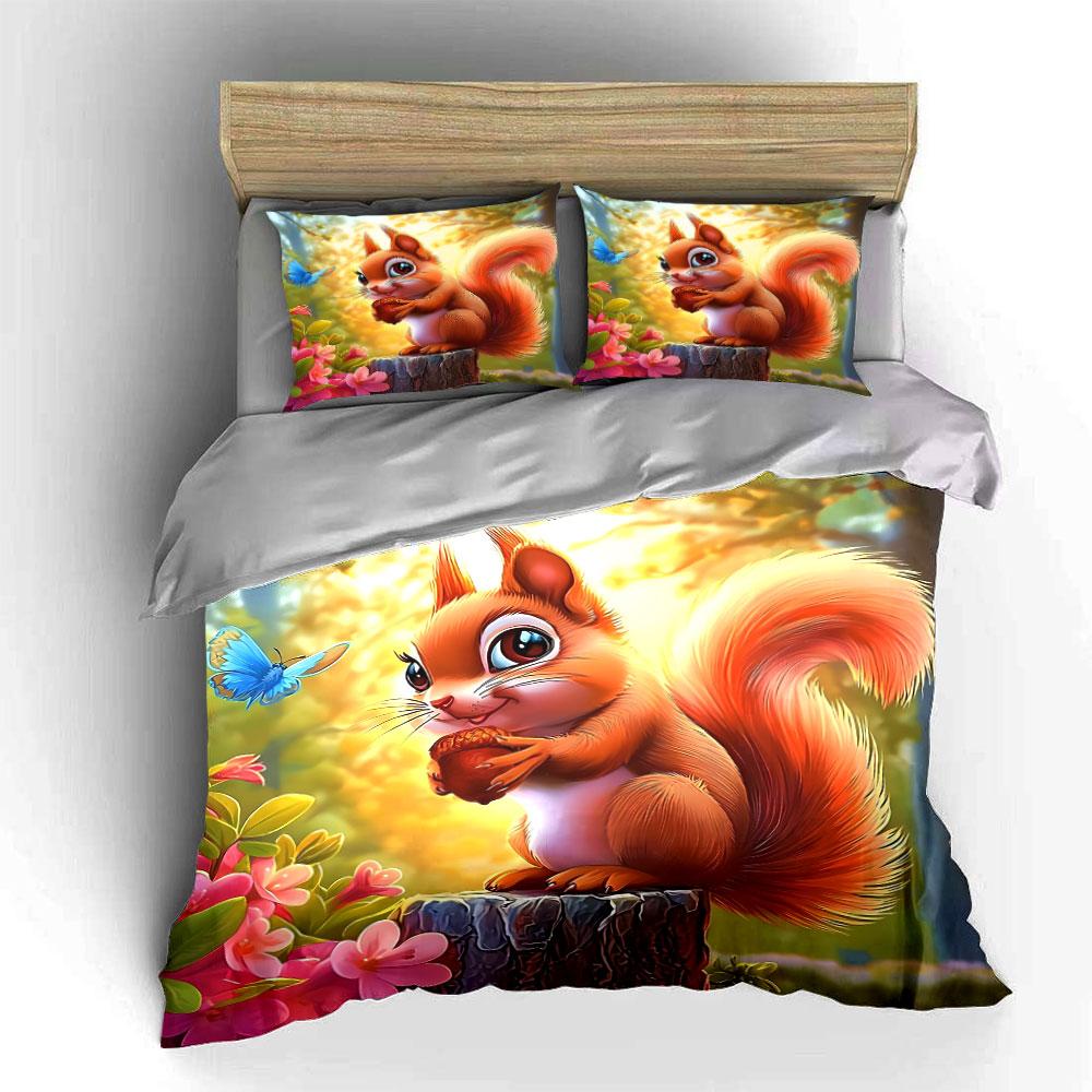 Adorable Squirrel Nature Decor Set Bedding Set with 1 Duvet Cover 2 Pillowcases Single Double King Queen, Gift