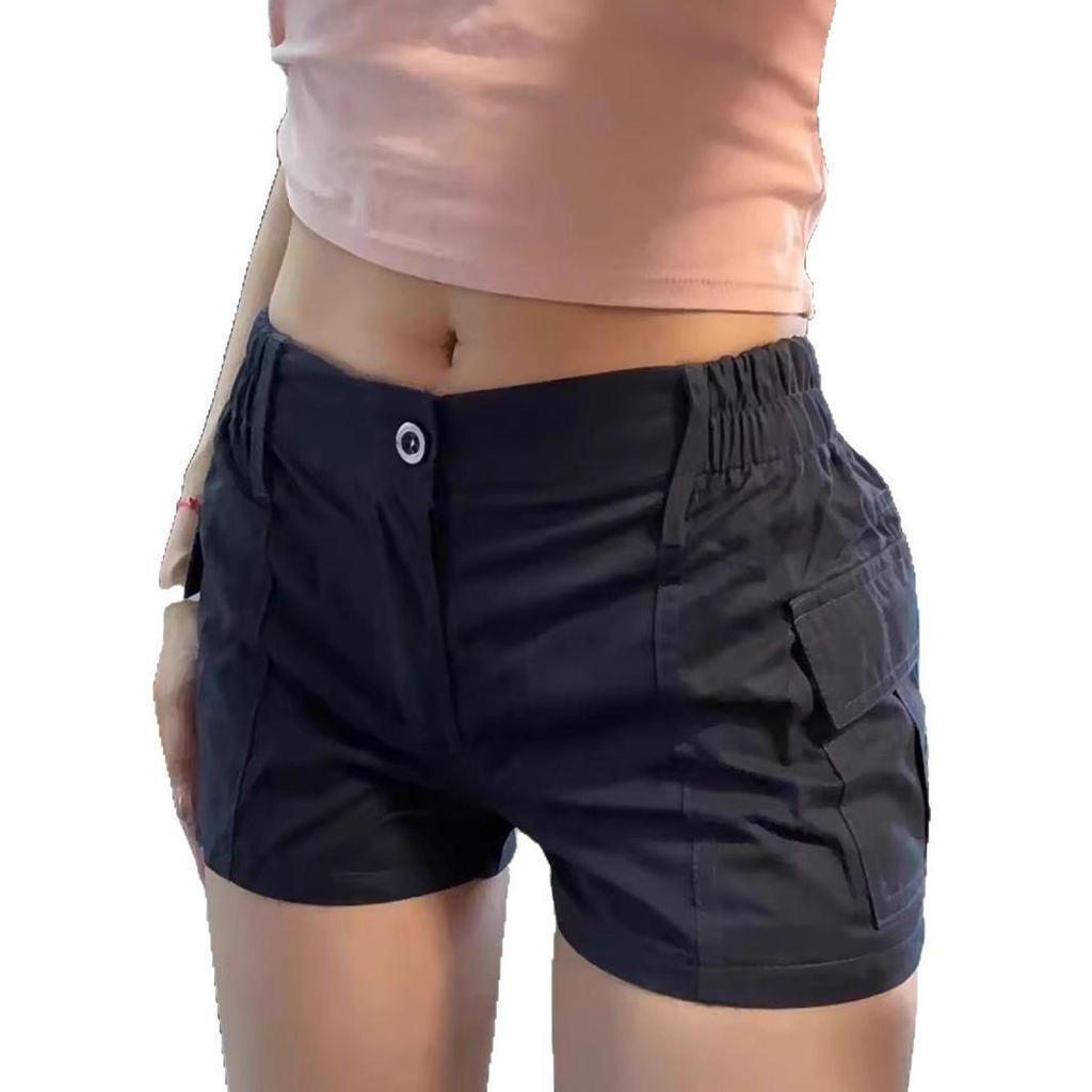 Women's Navy Blue Elastic Waist Cargo Shorts - Summer Fitness Hot Pants