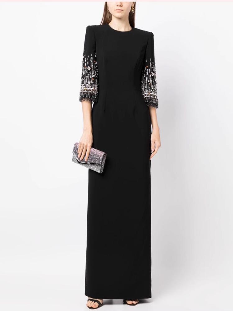 2026 European & American Luxury Evening Gown: Fashionable Long Skirt with Heavy Beading & Rhinestones