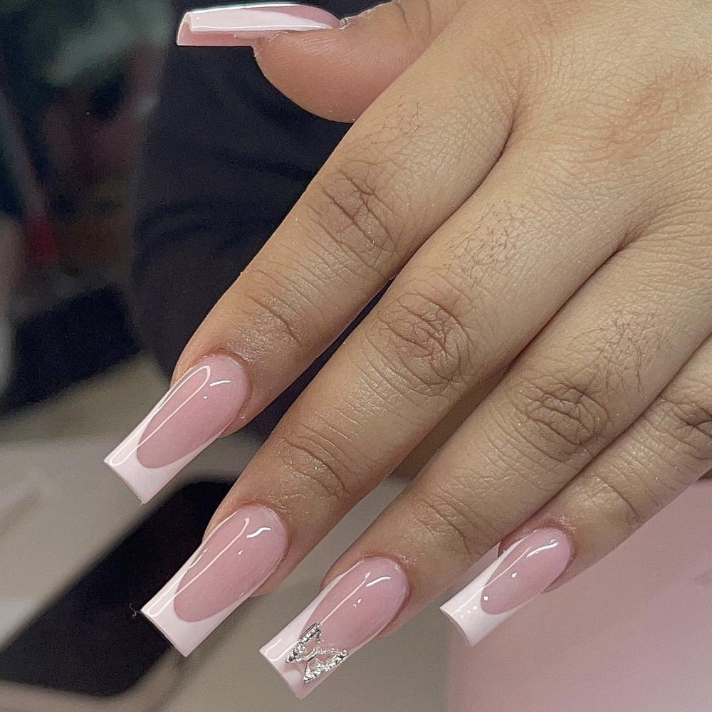 

Pink Rhinestone Butterfly Stiletto Press-On Nails with White French Tips