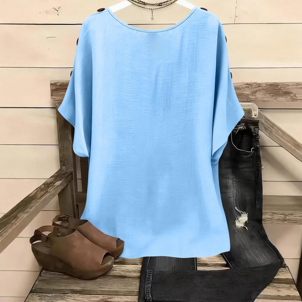 Women Loose Fit Short Sleeve Pullover Top with Round Neck and Decorative Button Casual Basic Blouse for Daily Wear