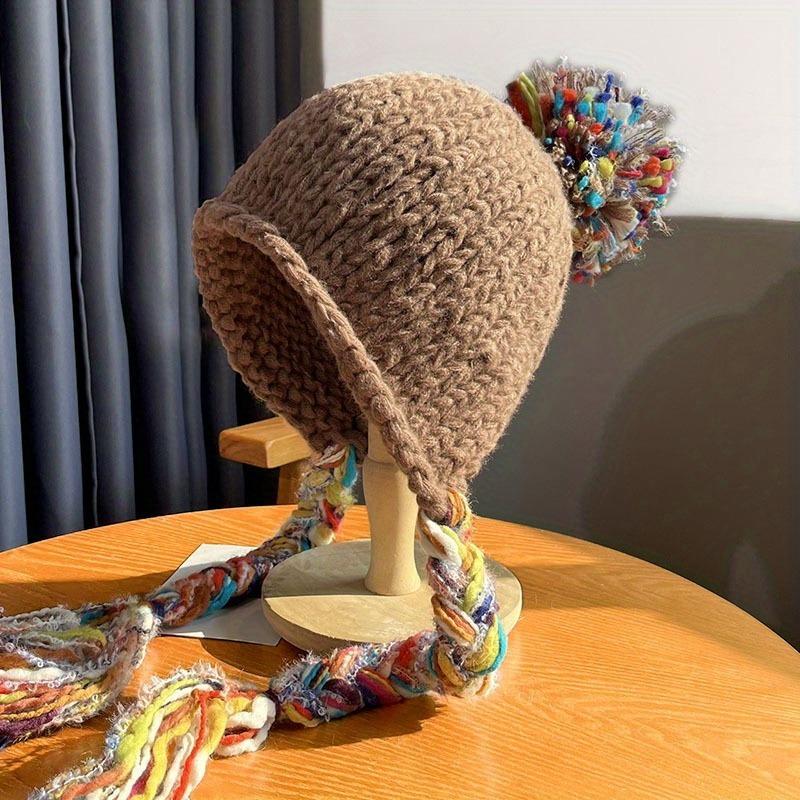 

Colorful Tassel Twist Braid Head Cap Autumn and Winter Warm Thickened Ear Protection Cap Cold Cap коричневий