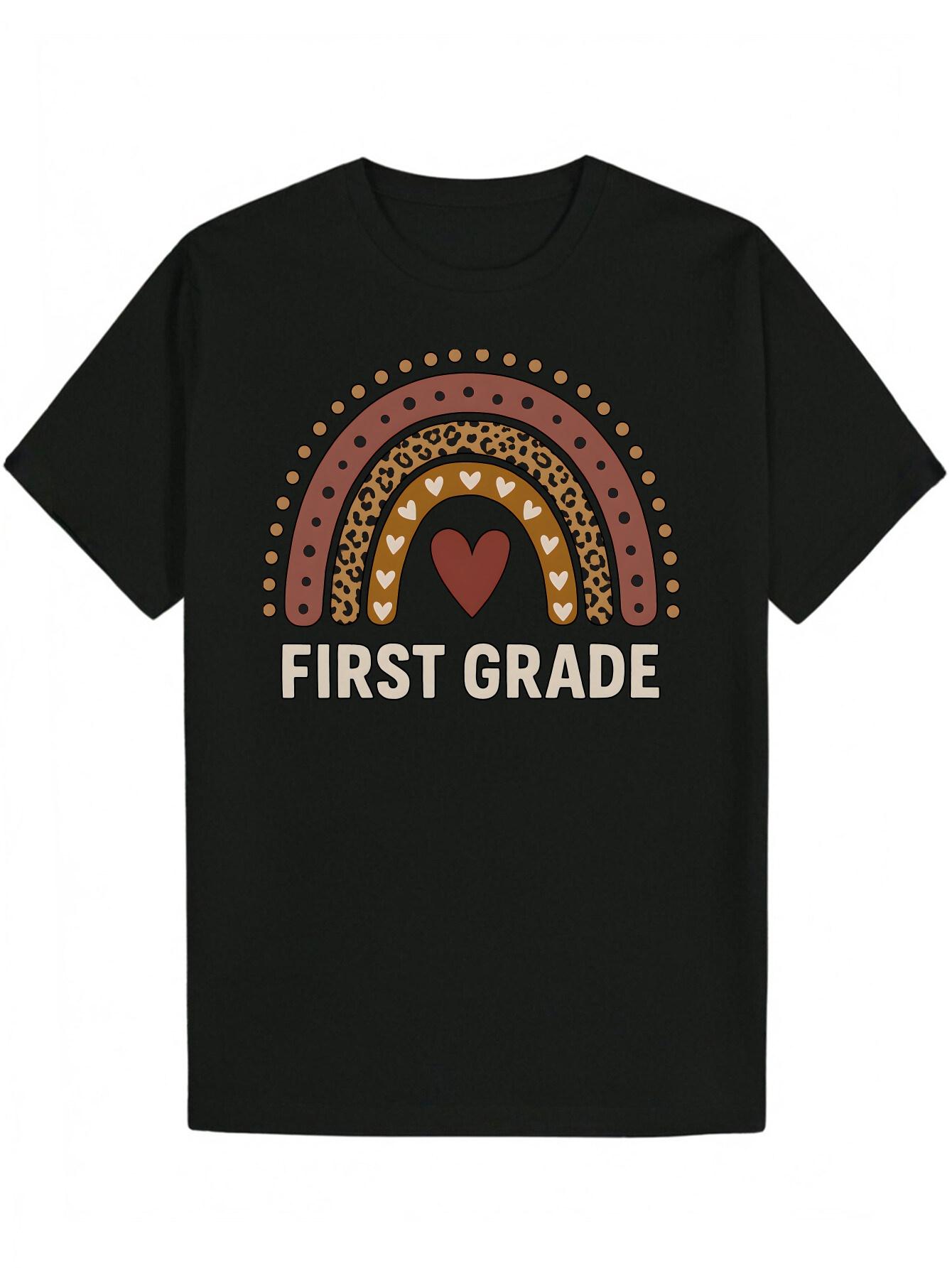 Graphic T-shirt - Black Rainbow & Leopard Print with  First Grade  Text S