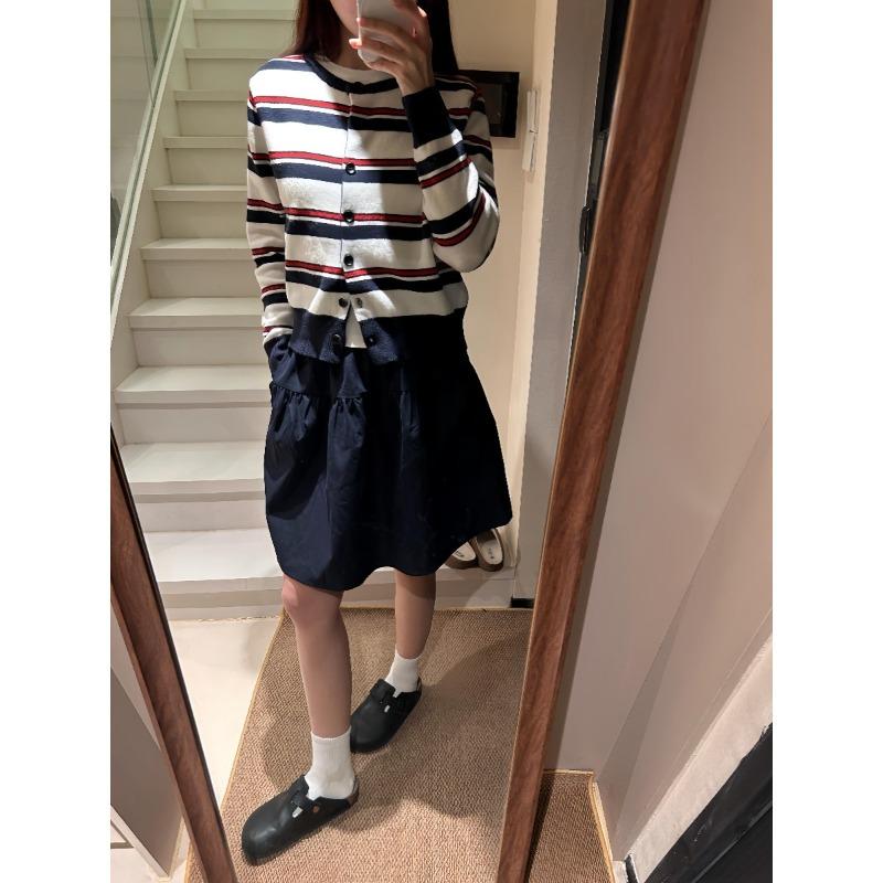 Striped knitted cardigan sweater women's spring and autumn design sense contrasting colors chic small short coat top