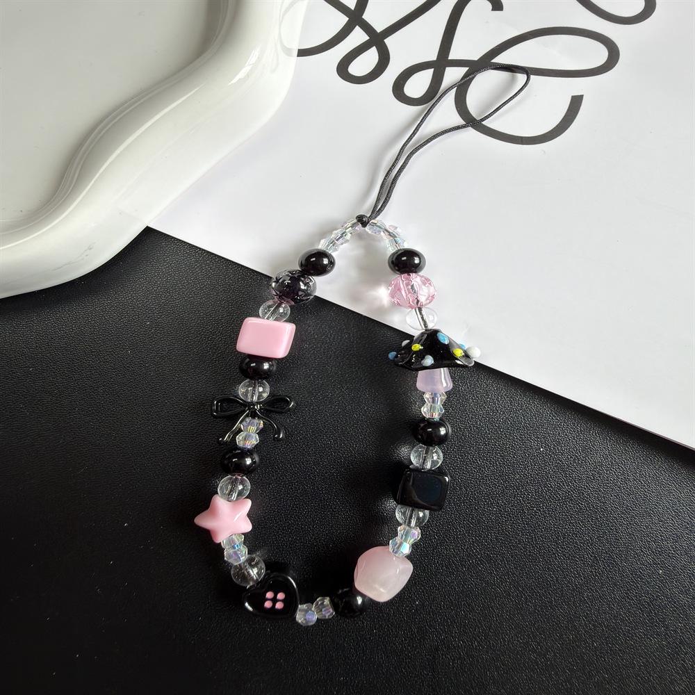 Niche Black Mushroom Beaded Phone Case & Camera Charm Lanyard Black Pink Mushroom Bow Lanyard