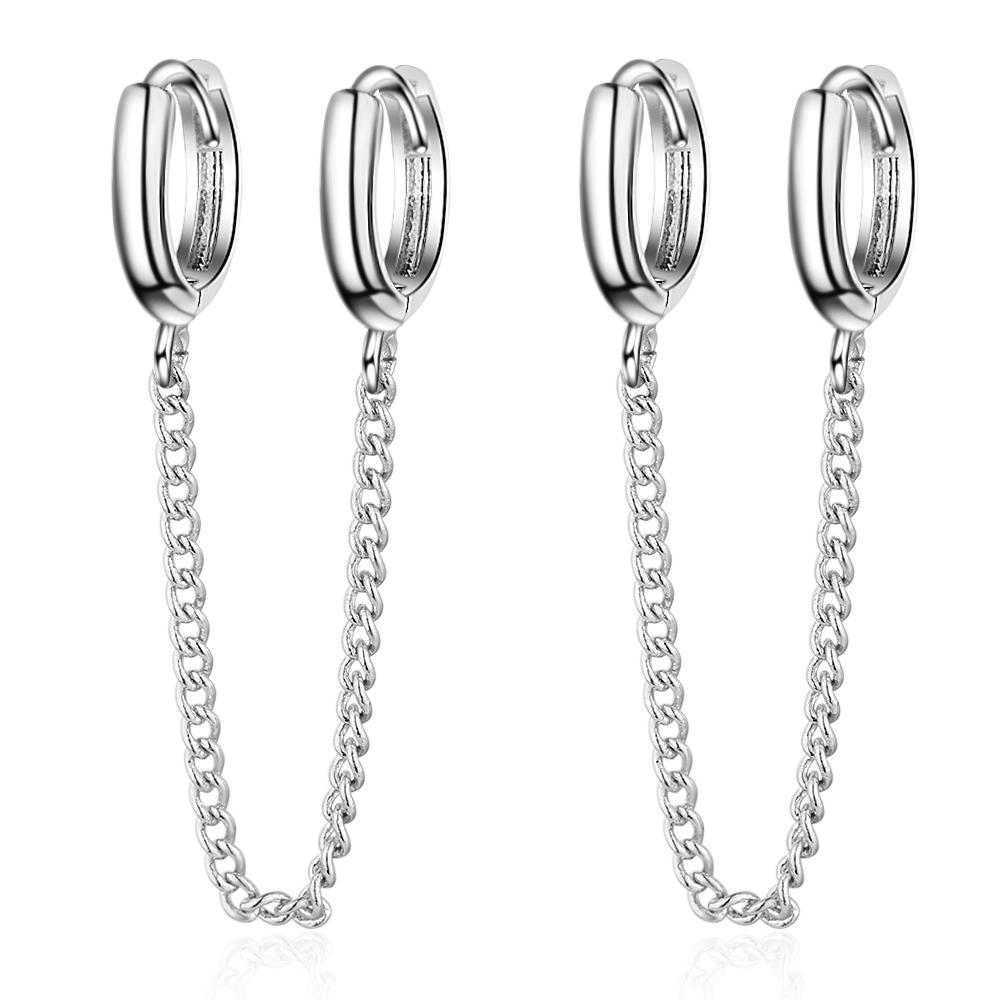 925 Silver Earring Fashion Personality Double Pierced Hole Chain Ear Bone Simple Wild Trend Boy Girl Silver Ear Jewelry