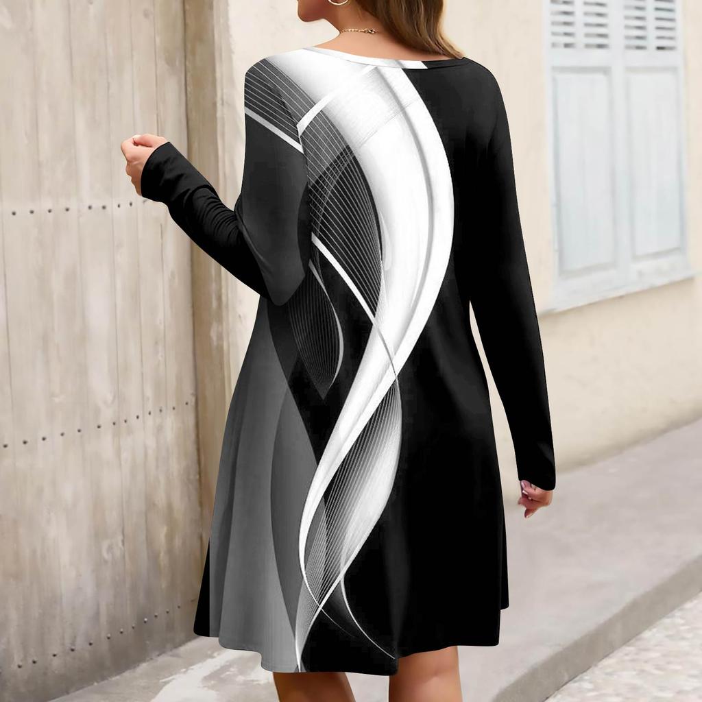 Plus Size Women's Gradient Print Casual Spring/Autumn Pocket Round Neck Long Sleeve Dress