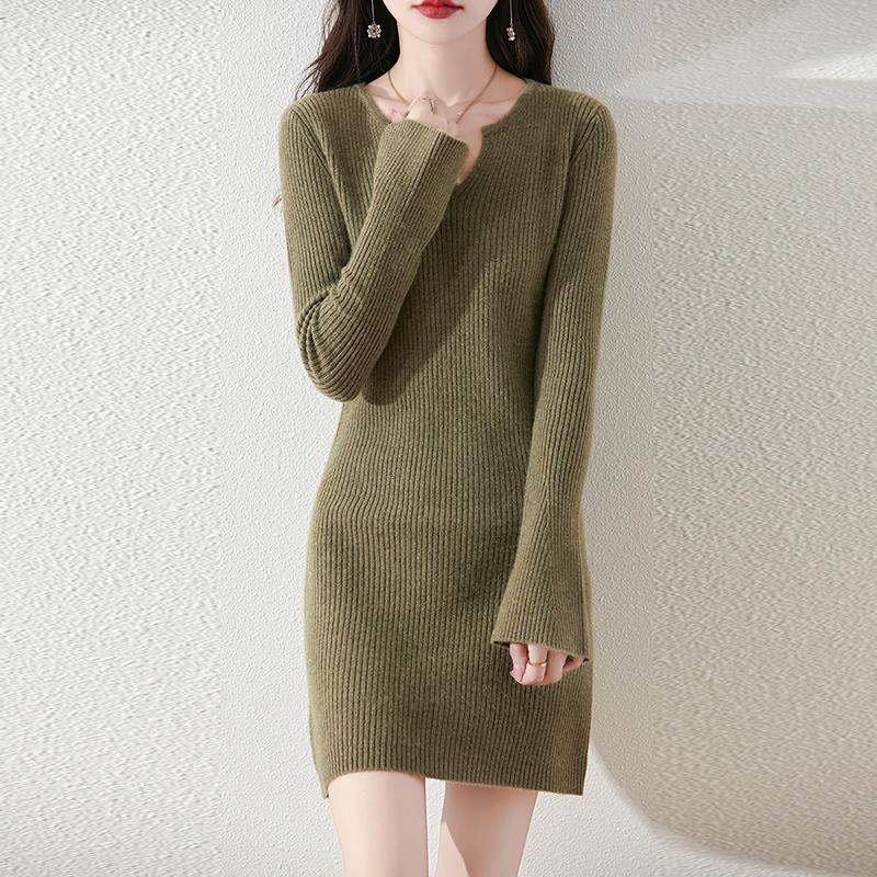 Women Sweater Dress 100% Wool V-neck Knit Long Pullover Winter Jumpers Wool Long Dress Female