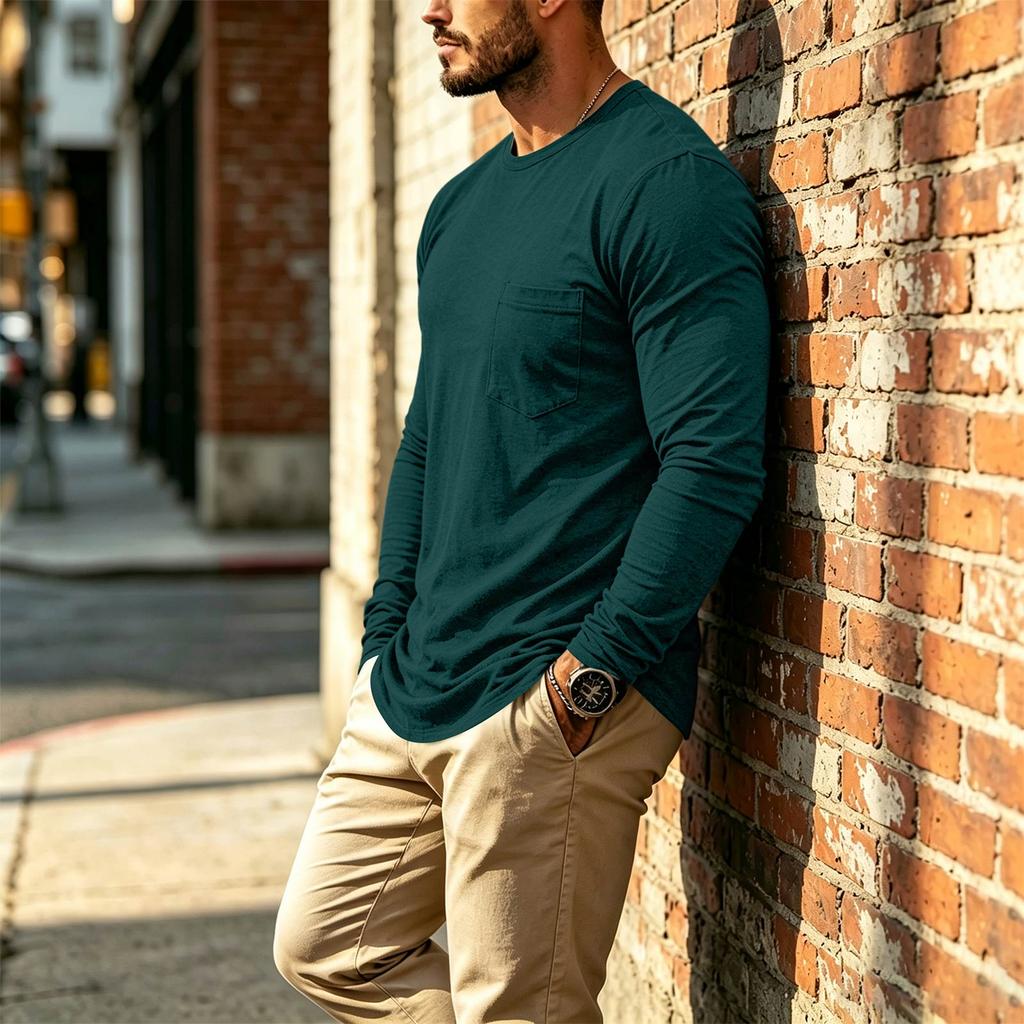 Men's Casual Long Sleeve Neck T-Shirt with Chest Pocket