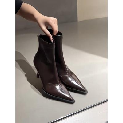 Boots Women's Fleece Skinny Boots Thin Heel High Heel Pointed Head Temperament Soft Leather Back Zipper Short Boots