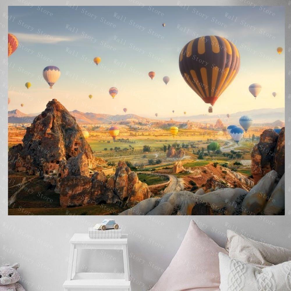 Atmosphere Turkish Landscape Hot Air Balloon Tapestry Wall Decoration Canvas Landscape Painting Background Bedroom Tapestry