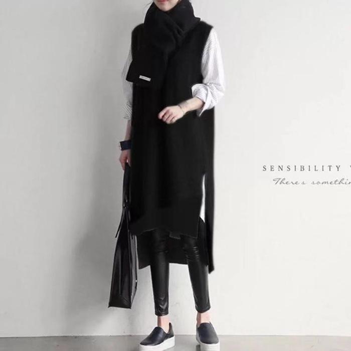 2025 Korean V-neck Sweater Vest Dress: Thick, Knit, Asymmetrical Hem, Autumn/Winter, Medium-Length
