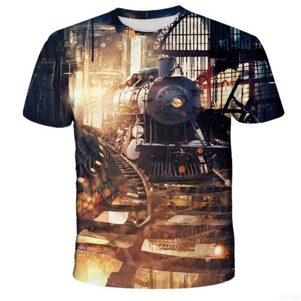 Train Pattern 3D Digital Printing Men's Casual and Comfortable Round Neck Short Sleeved T-shirt