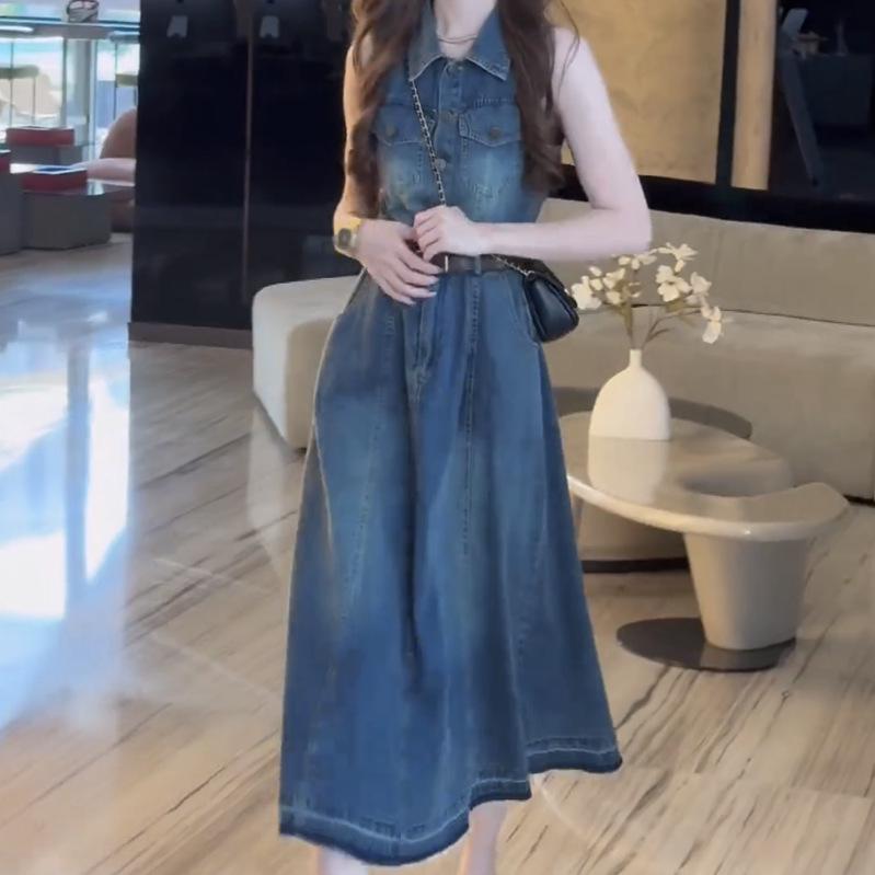 

2026 Retro Hong Kong-Style Sleeveless Lapel Denim Dress: Slimming, Long, Elegant Women s Summer Wear S синий
