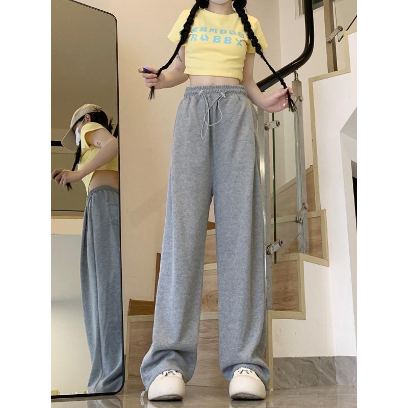 

Весенние и осенние серые спортивные брюки для женщин, свободные по ноге, корейский стиль, высокая талия, обтягивающие ноги, широкие прямые ноги, повседневные спальные брюки 4XL