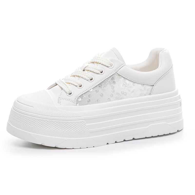 2025 Summer New Thick Baseplate Shoes Women's Fashion Lace Mesh Versatile Temperament Little White Shoes Breathable