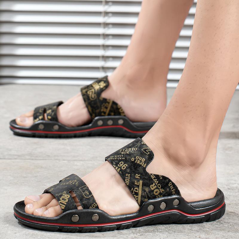 

Шкіряні тапочки. Чоловіче пляжне взуття. Сандалі на плоскій підошві 48 золотий