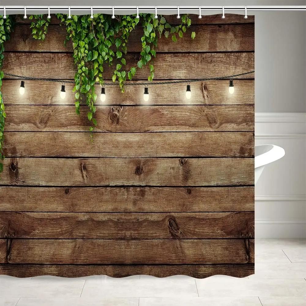 Vintage Rustic Wooden Door Shower Curtain Farmhouse Country Wood Board Green Leaf Waterproof Bathroom Curtain With 12Pcs Hook W60H190(CM)-1 Pcs