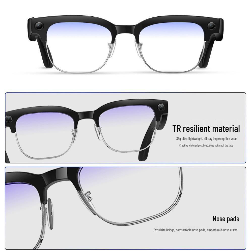 AI Smart Half-Frame Glasses: Blue Light Filter, Camera, Translation, Photo & Video, Music