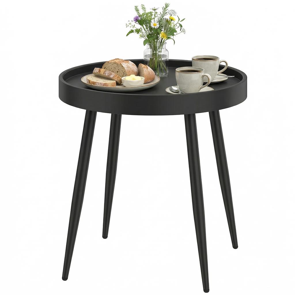 49.5 Cm Round Garden Table, Small Outdoor Coffee Side Table with Plastic Tray-Style Top, Metal Legs, Black