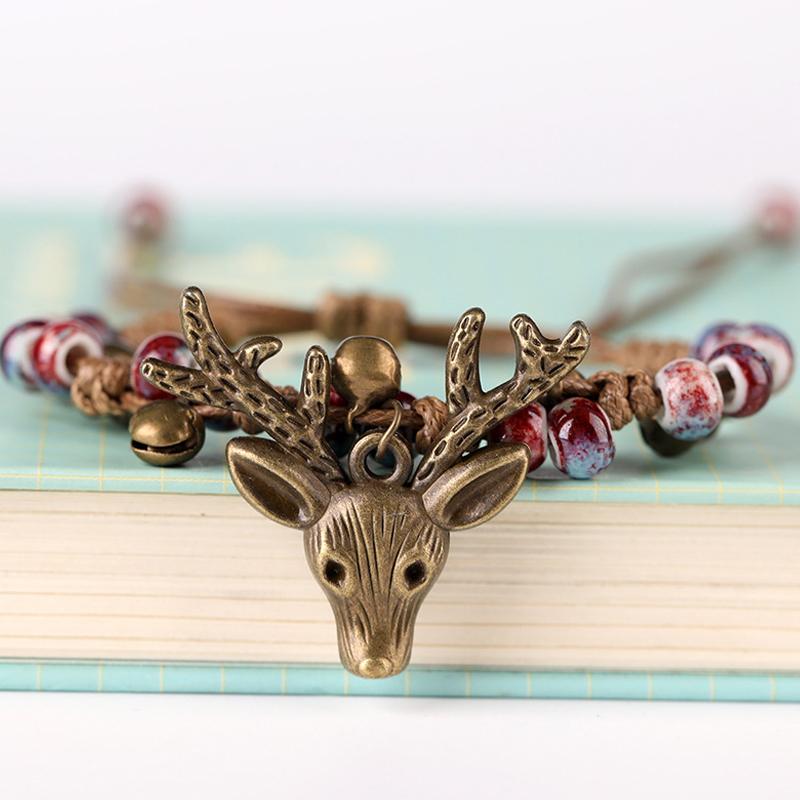 

Уникальный керамический браслет с головой оленя для женщин и девочек в стиле бохо, регулируемый плетеный браслет ручной работы, ювелирные аксессуары