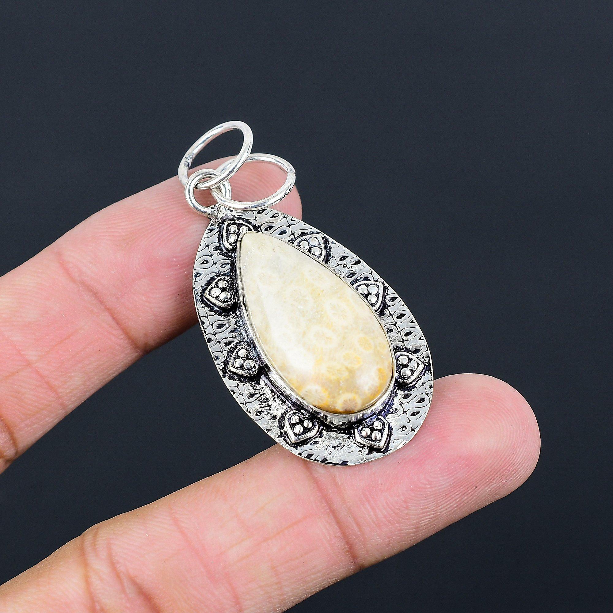 Sisters Day Deal 925 Sterling Silver Fossil Coral Gemstone Bezel Wedding Pendant