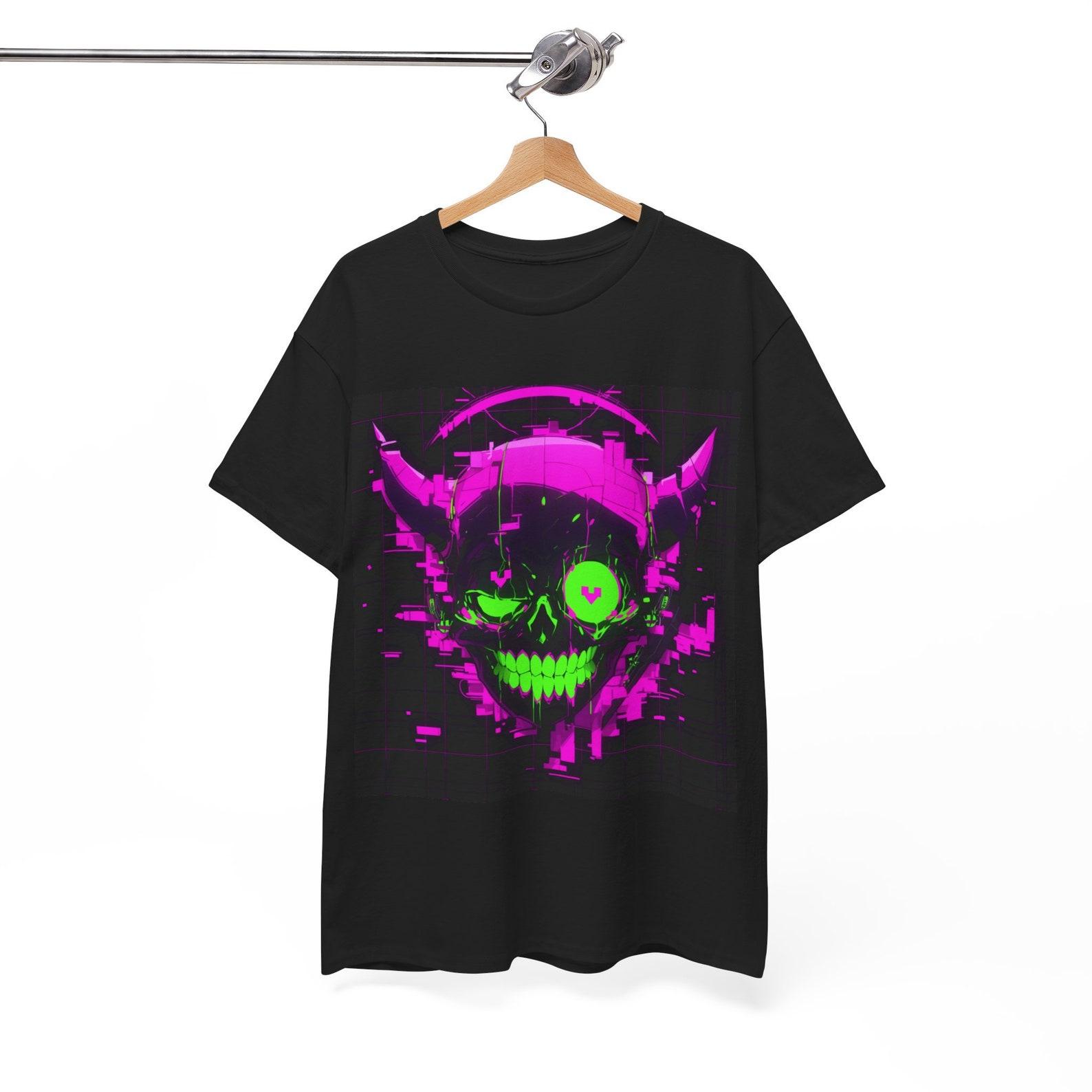 Neon Demon Skull T-Shirt – Cyberpunk Vibes Tee – Edgy Neon Graphic Shirt 4XL