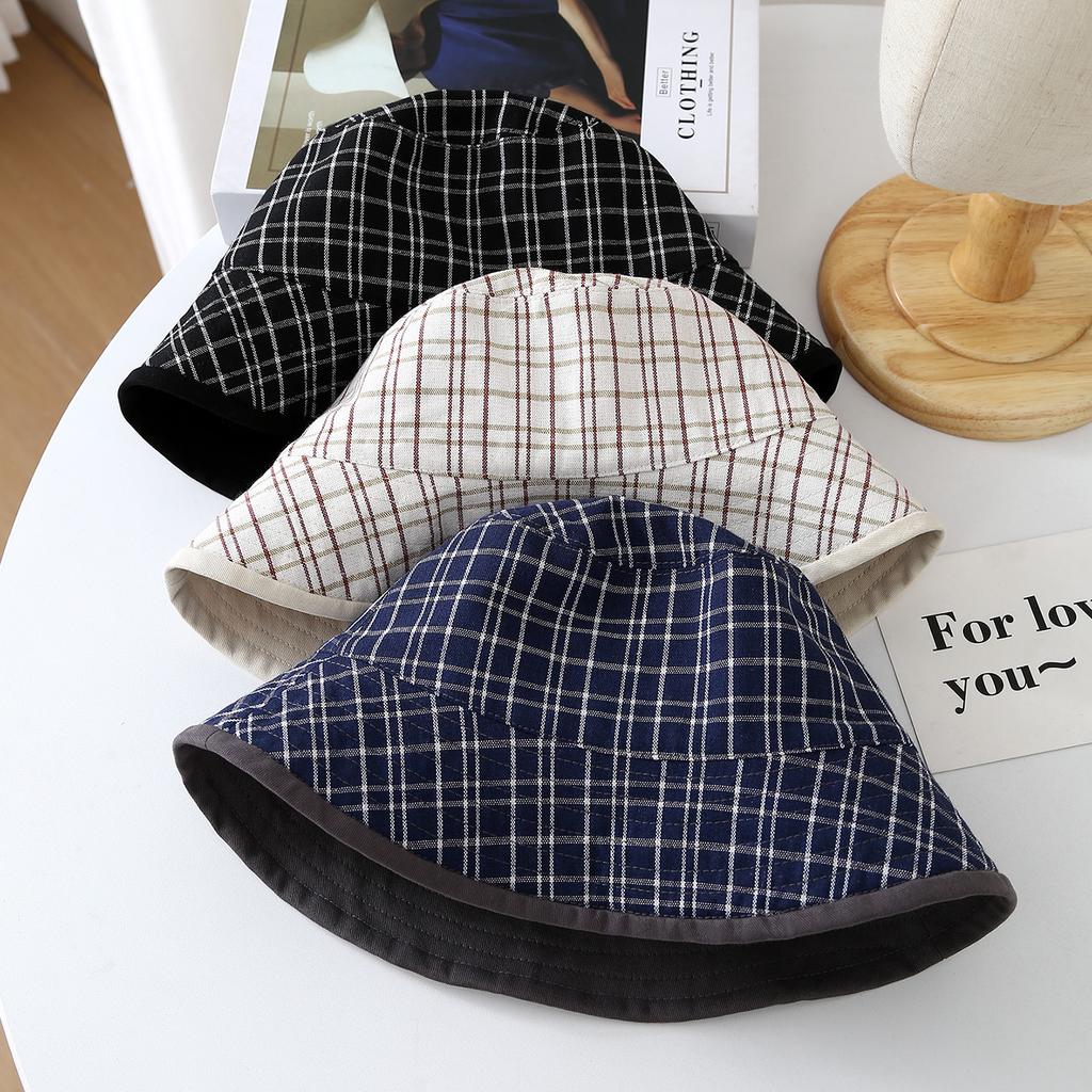 Autumn Winter Bucket Hat Women Double Sided Plaid Fisherman Cap Flat Top Foldable Sunshade Korean Style Casual Vintage