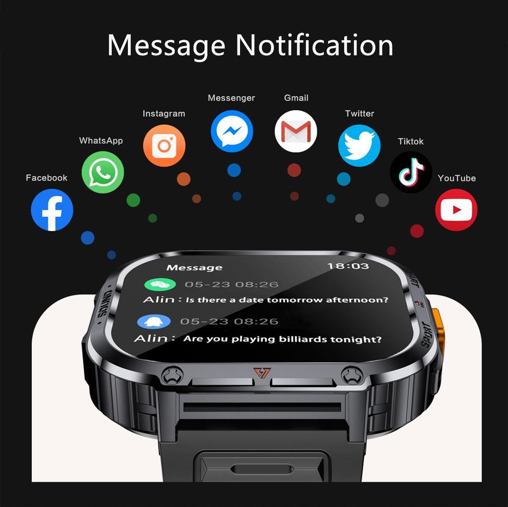 LOKMAT Sport Smart Watch IP68 Vanntette Smartwatches med stor skjerm med LED-lommelykt Melding Push BT Calls Klokke for smarttelefon