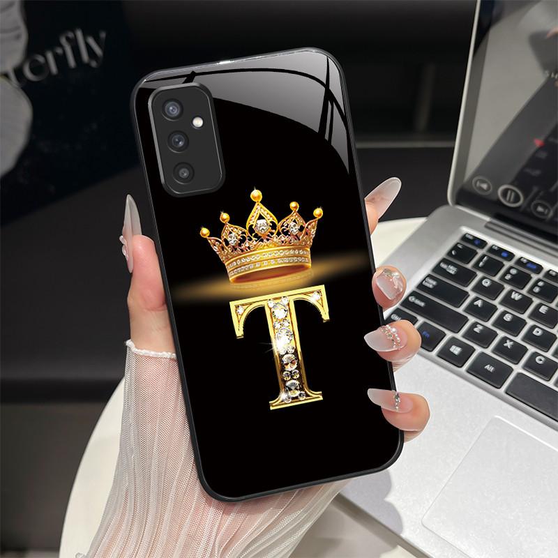 For Samsung M52 5G Case Galaxy M14 SM-M526B SM-M146B Phone Case ShockProof Fashion Initial Letter Hard Tempered Glass Back Cover