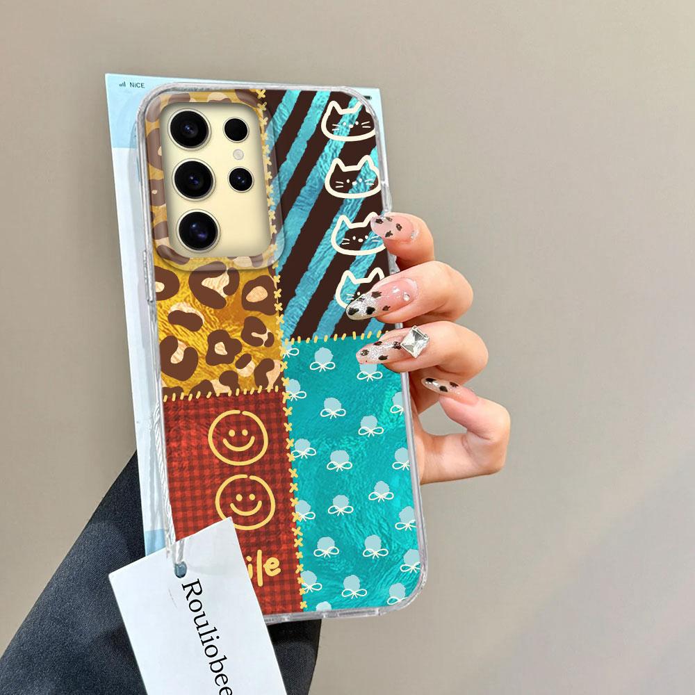 Color Block Match Plaid Women Girls Vortex Texture Phone Case for Samsung Galaxy S25 Edge S24 S23 S22 S21 FE Plus Ultra Cover