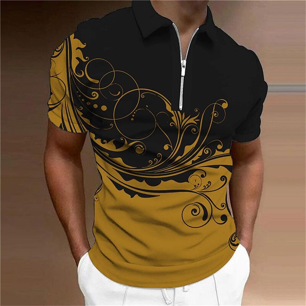 Fashion Zipper Polo Shirt For Men Floral Printed Daily Casual Short Sleeved Loose Oversized Shirt High Quality Men'S Clothing