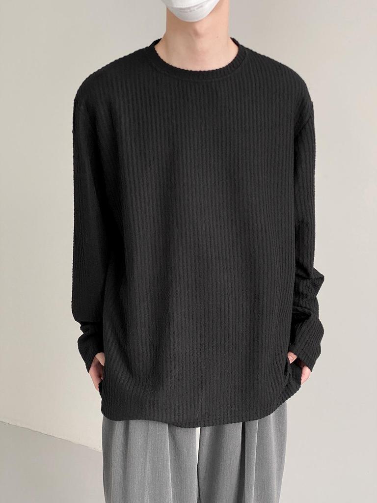 Herren Japanisches Texturiertes Gestreiftes Langarm Herbst Freizeit T-Shirt